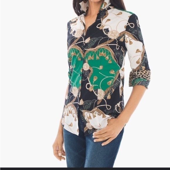 Chicos No-Iron Chic Status Shirt Effortless Size 0 US Small Print Long Sleeve - Picture 2 of 5